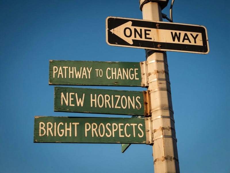 Signpost with green signs reading Pathway to Change, New Horizons and Bright Prospects