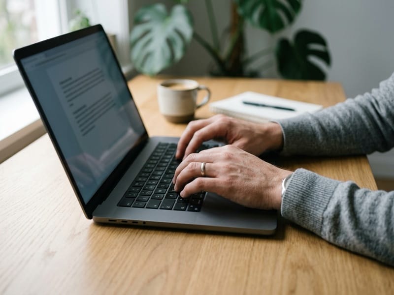 Close-up of hands typing on a laptop at a wooden desk