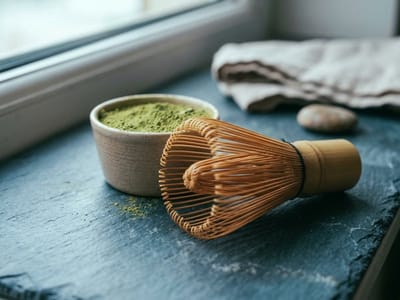 Bamboo whisk resting against a bowl of green matcha powder on a slate windowsill