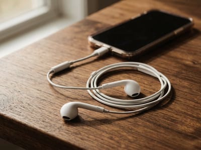 White earbuds coiled beside a smartphone on a wooden table near a window