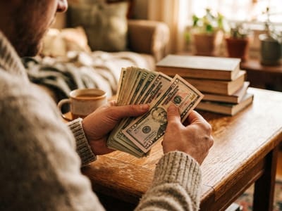 Man in a sweater counting a fan of dollar bills at a table beside stacked books and coffee