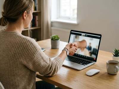 A hand reaching out of a laptop screen to shake hands with the person at the desk