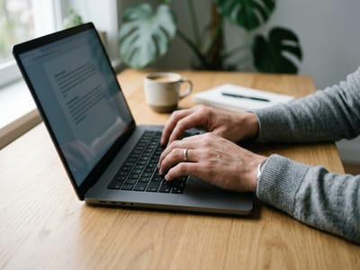Close-up of hands typing on a laptop at a wooden desk