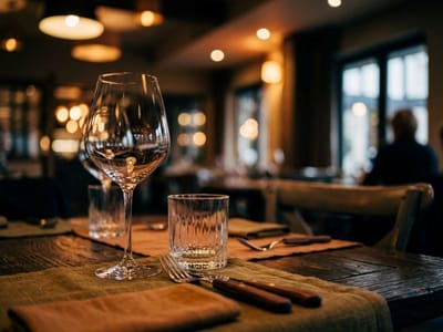 Wine glass, tumbler and cutlery set on a restaurant table under warm evening lights