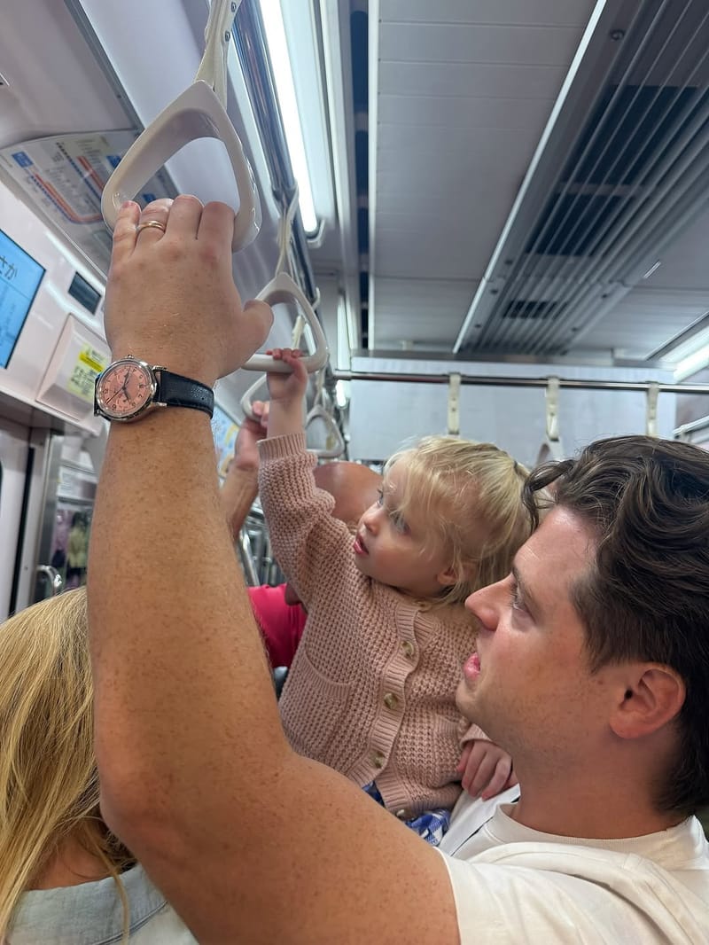 Toddler in a pink sweater reaching for a train handle while being held by her father